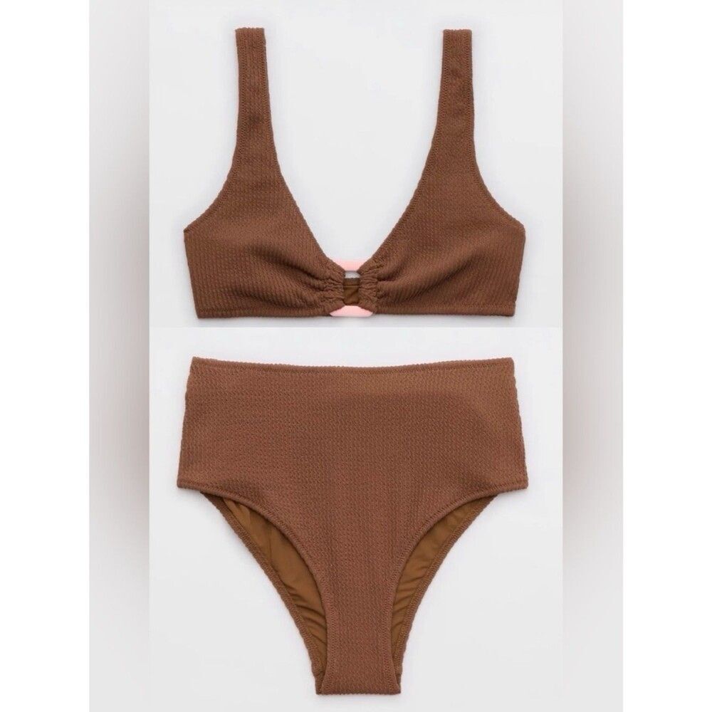NWT Aerie FULL SET Crinkle Ring Wide Strap Scoop Top + High Waist Bottom Brown